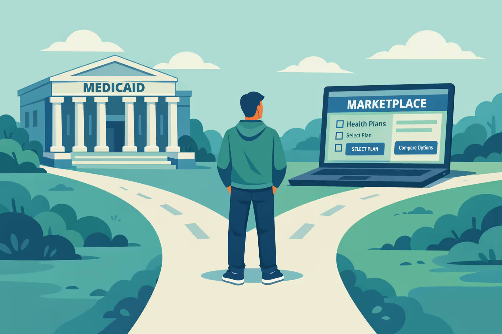 Person standing at a crossroads choosing between a government building representing Medicaid and a laptop screen showing health insurance plan options representing the ACA Marketplace