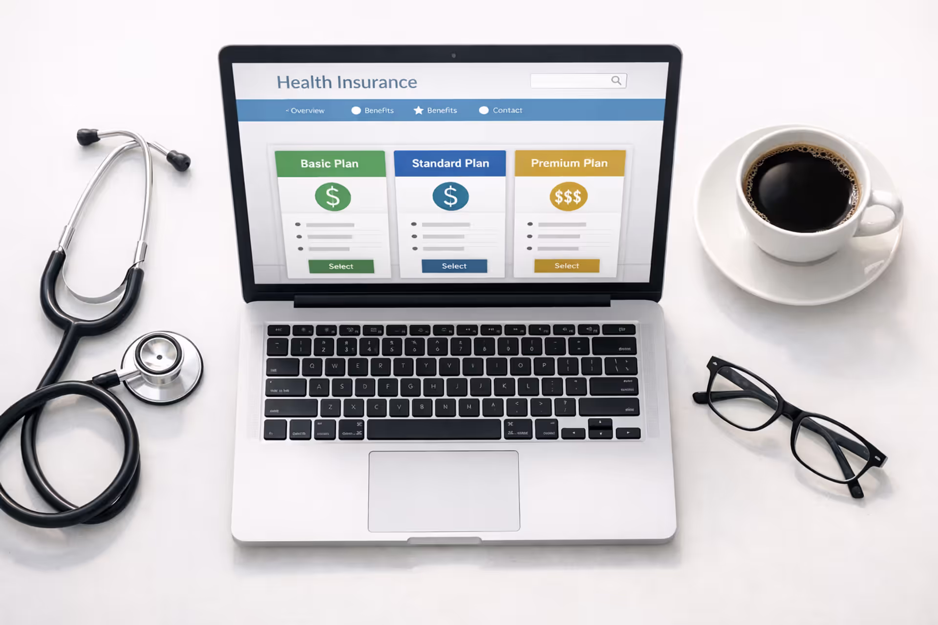Laptop showing health insurance marketplace website on a clean desk with stethoscope, coffee cup, and eyeglasses