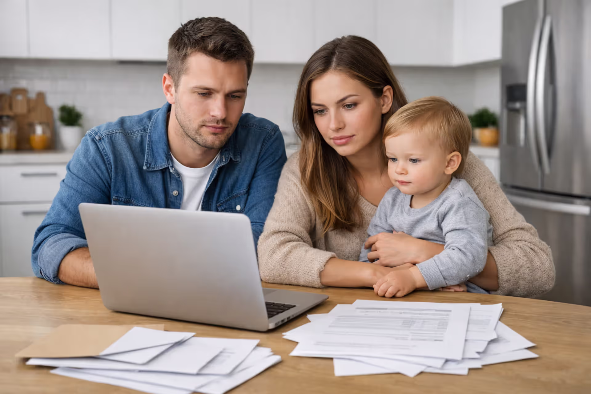 Young family with a baby sitting at a kitchen table reviewing documents on a laptop while preparing for health insurance enrollment