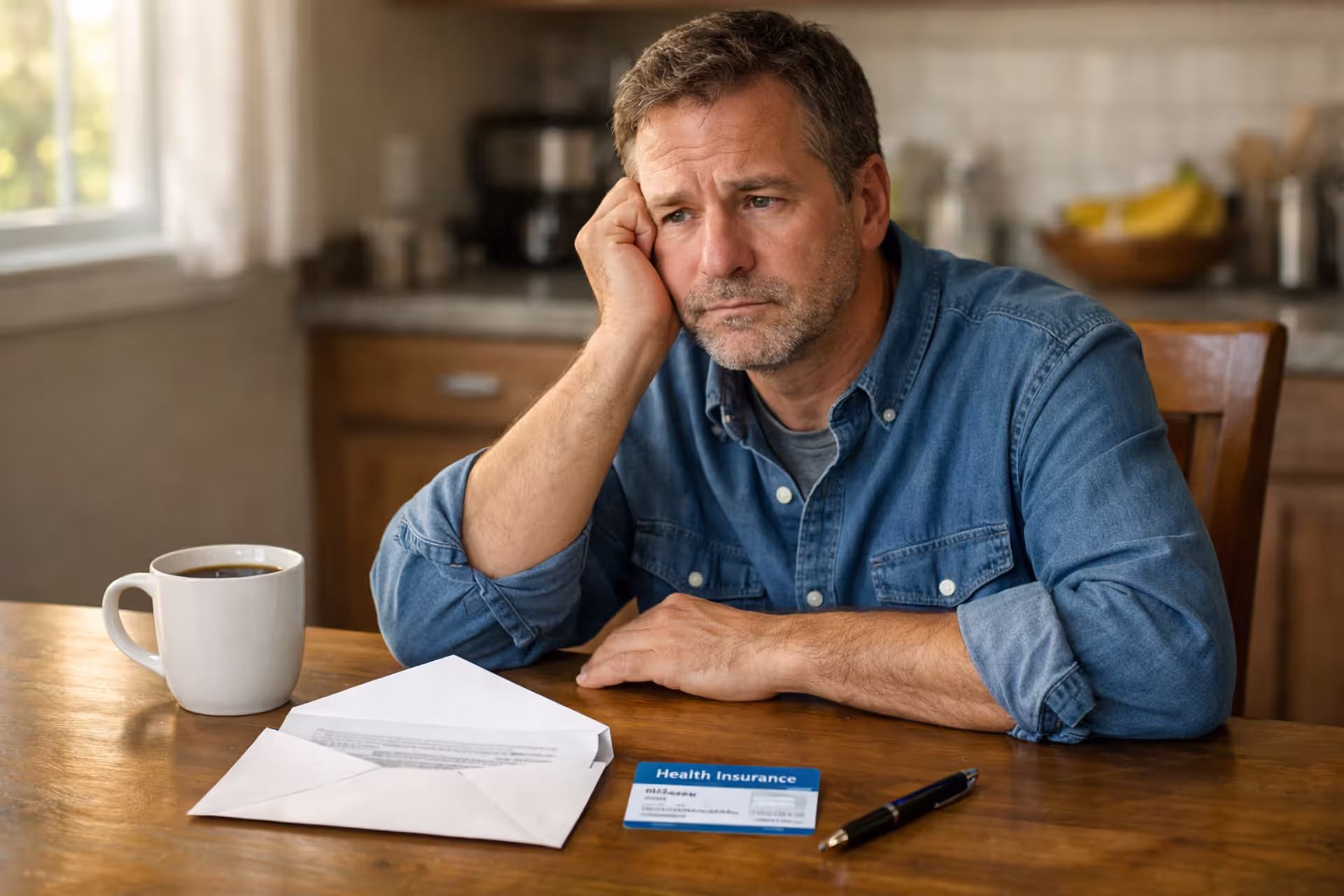 Person sitting at kitchen table looking at health insurance termination letter with insurance card and coffee mug nearby