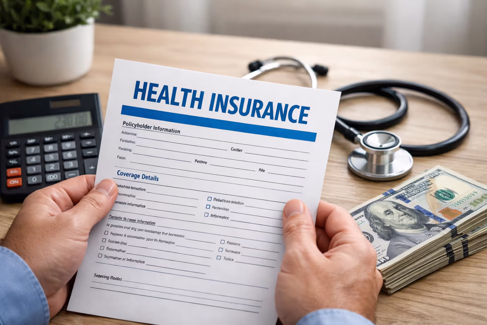 Hands holding health insurance document on desk with calculator stethoscope and dollar bills
