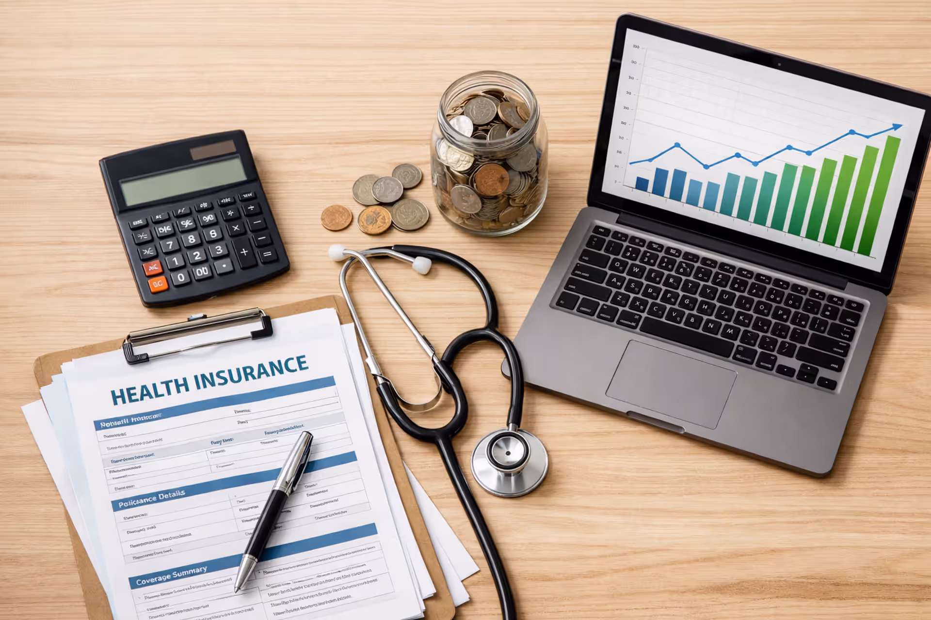 Top view of a desk with health insurance documents, calculator, stethoscope, glass jar with coins, and laptop showing financial growth charts