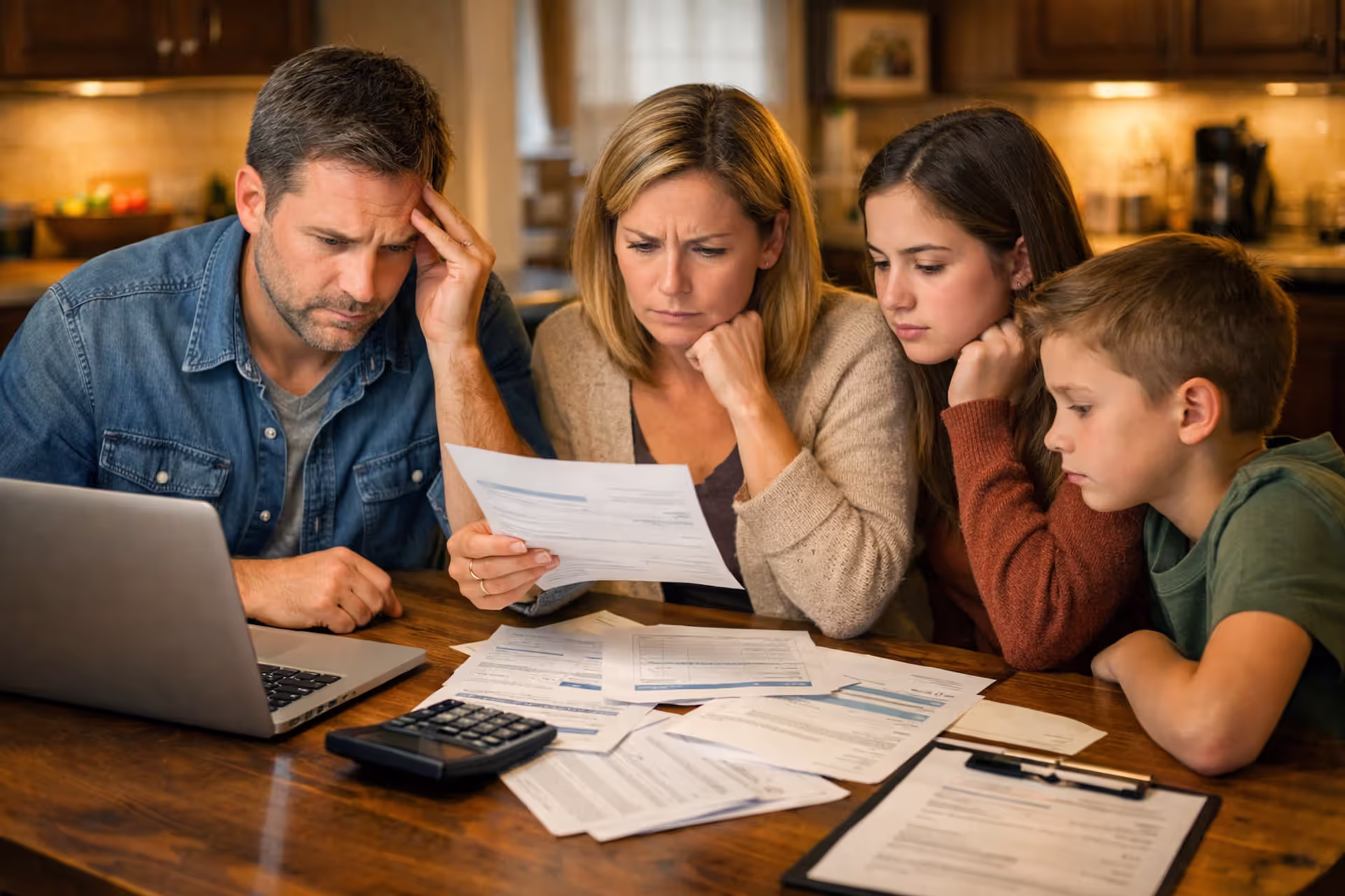 Family sitting at kitchen table reviewing medical bills and health insurance documents with worried expressions