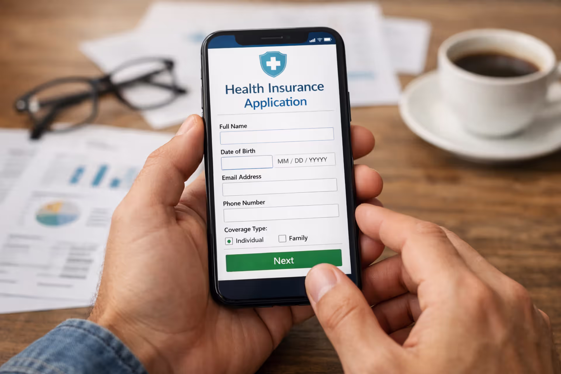 Close-up of hands holding a smartphone with health insurance marketplace application on screen with financial documents glasses and coffee cup blurred in the background