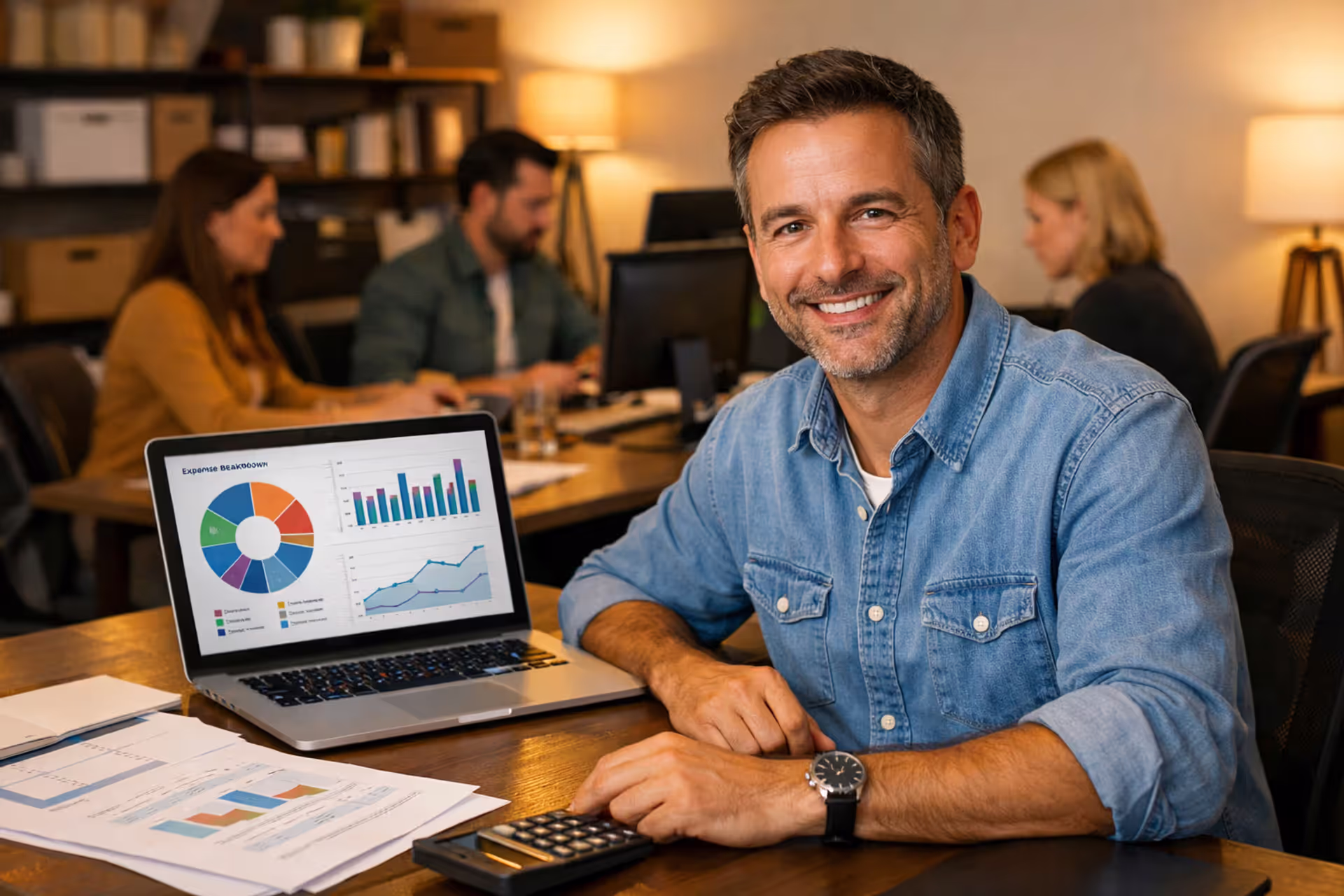 Small business owner at desk with laptop showing expense charts, employees working in background in a modern office