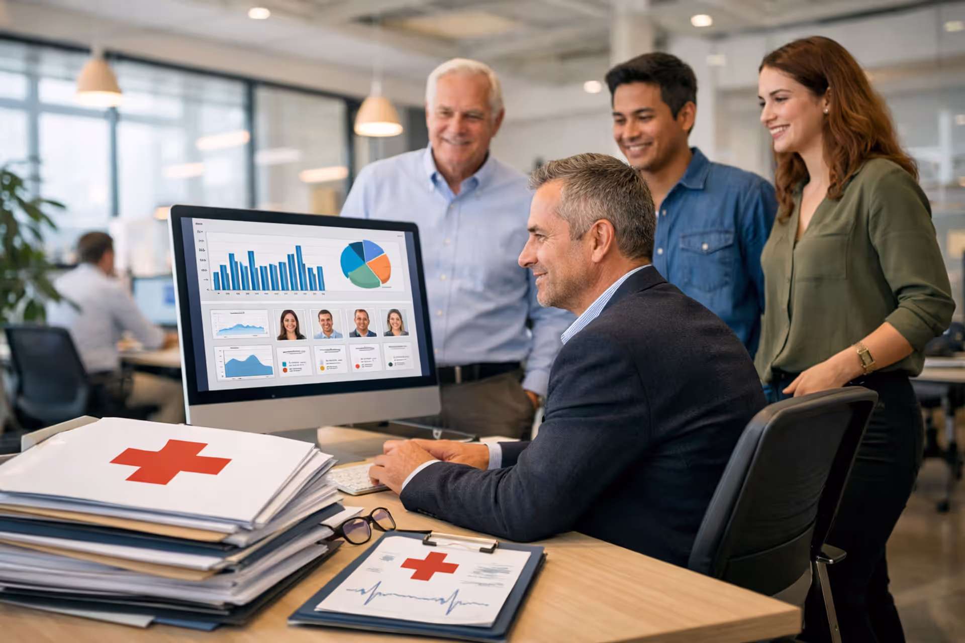 Business owner reviewing employee health insurance documents in a modern office with diverse team members nearby
