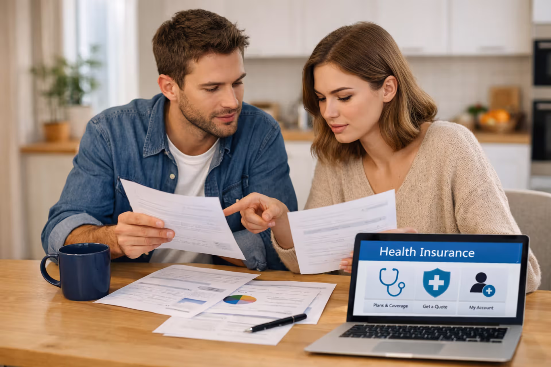 Young couple sitting at kitchen table reviewing health insurance documents on laptop