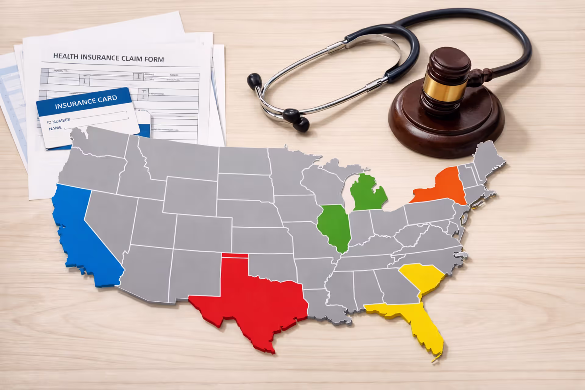 US map highlighting states with health insurance mandates alongside insurance documents, stethoscope, and a small gavel on a light office desk