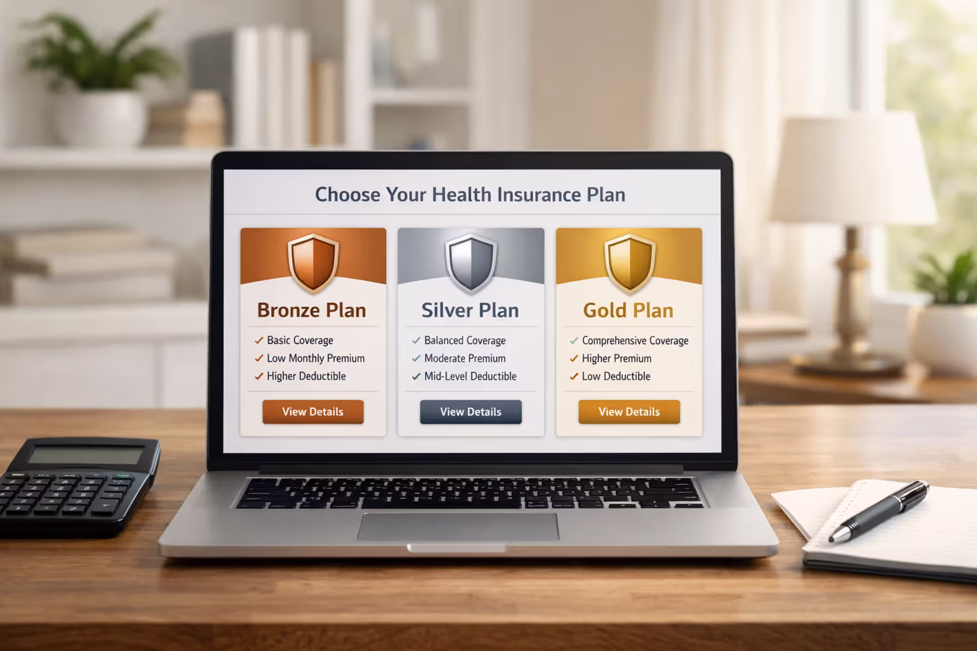 Laptop on a desk showing health insurance plan comparison website with Bronze Silver and Gold tier cards, documents and calculator nearby in a bright home office