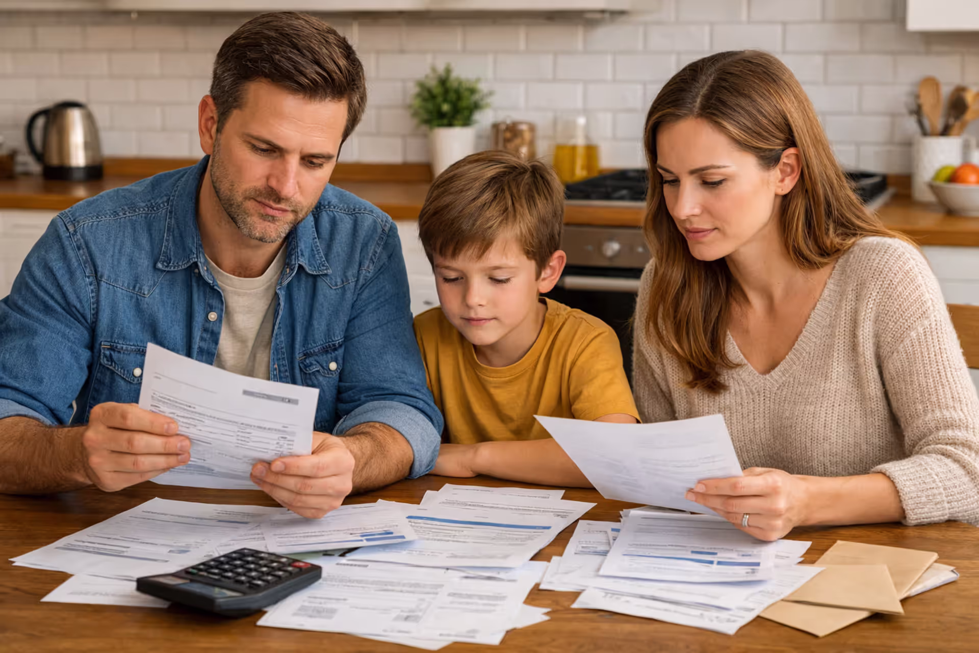 Family sitting at kitchen table reviewing health insurance documents and medical bills with calculator