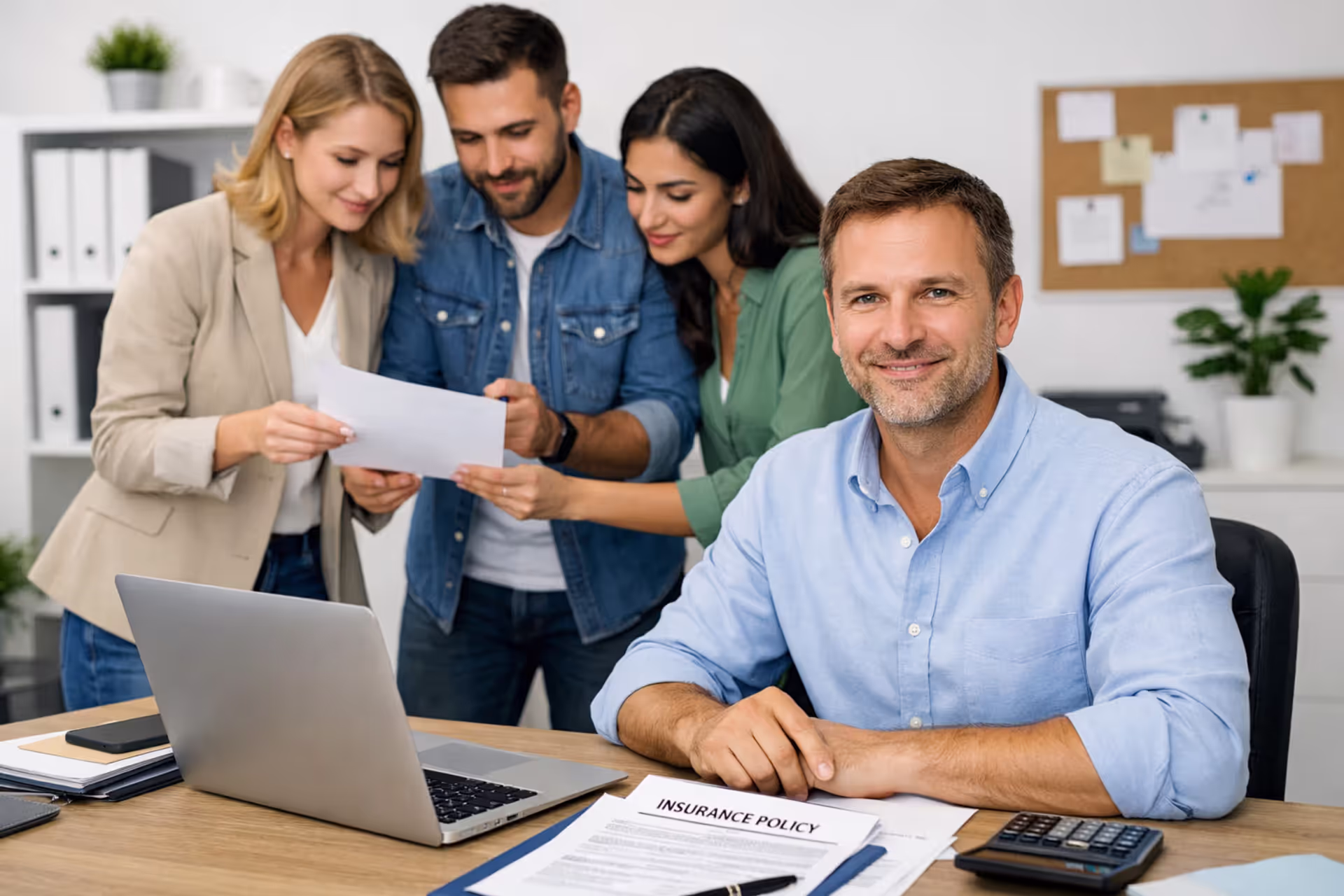 Small business owner and employees reviewing health insurance documents together at an office desk with a laptop