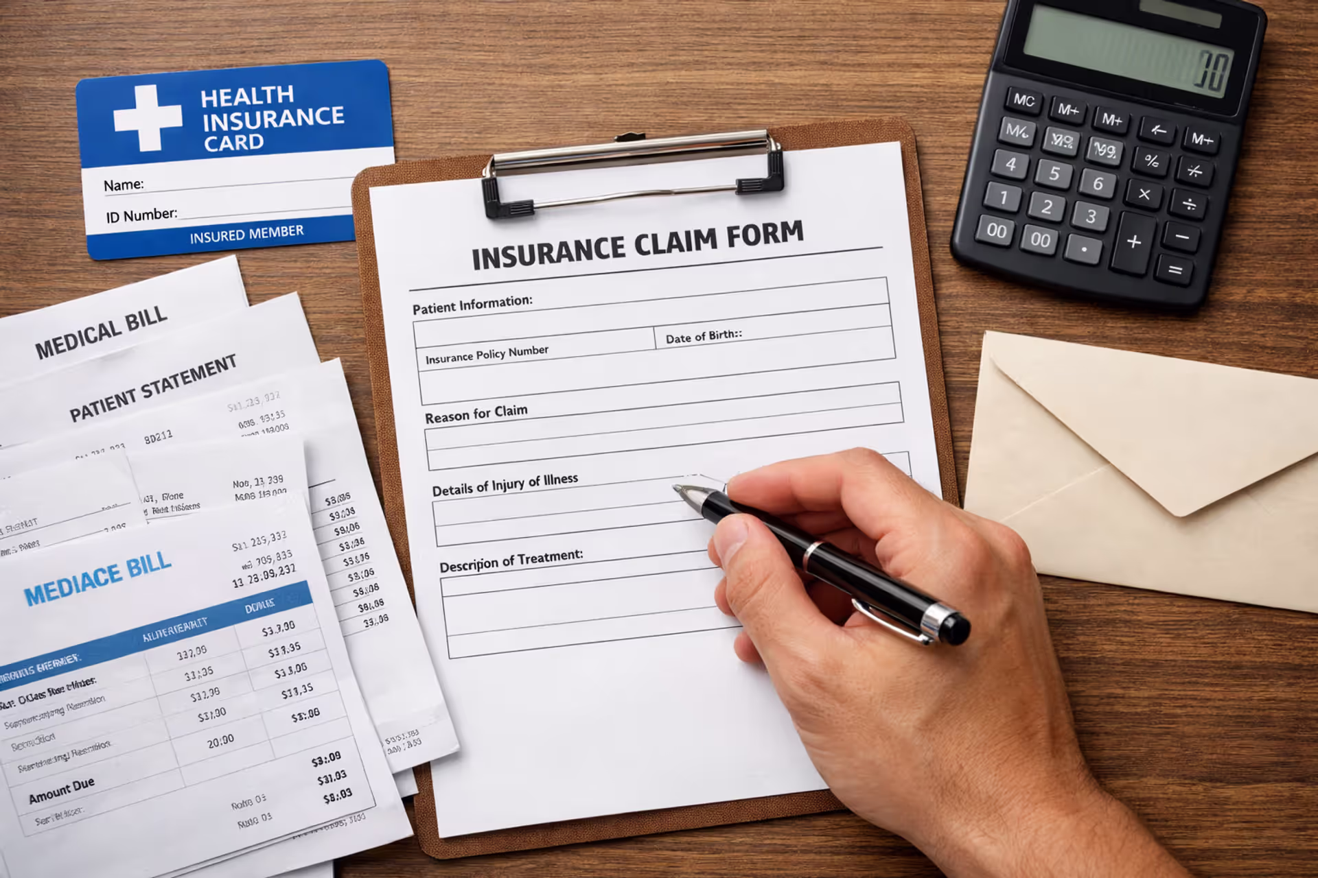 Top view of a desk with health insurance claim form, medical receipts, insurance card, pen, and calculator, person's hand ready to fill out paperwork