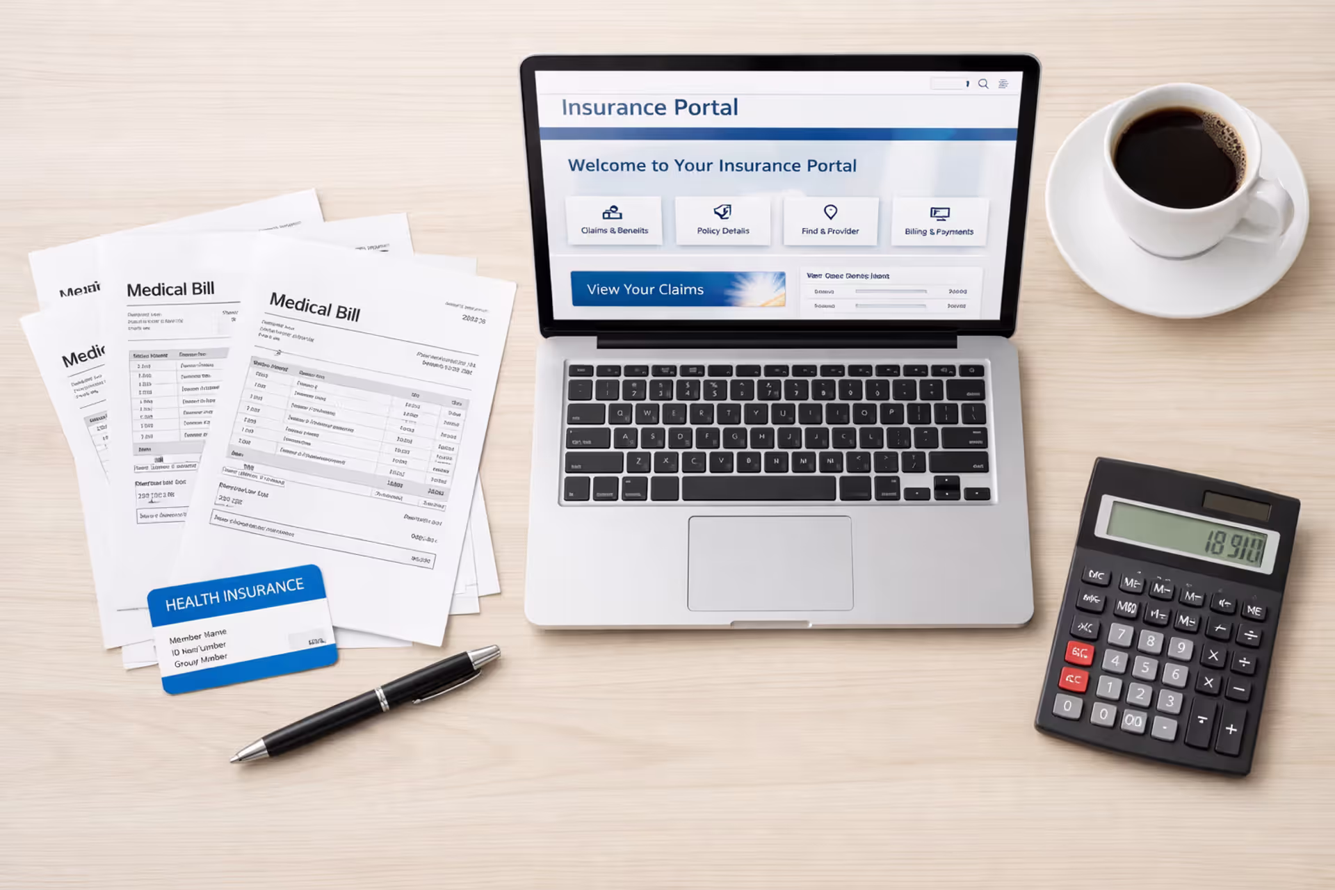 Top-down view of a desk with medical bills, insurance card, laptop showing insurance portal, calculator, pen, and a coffee cup